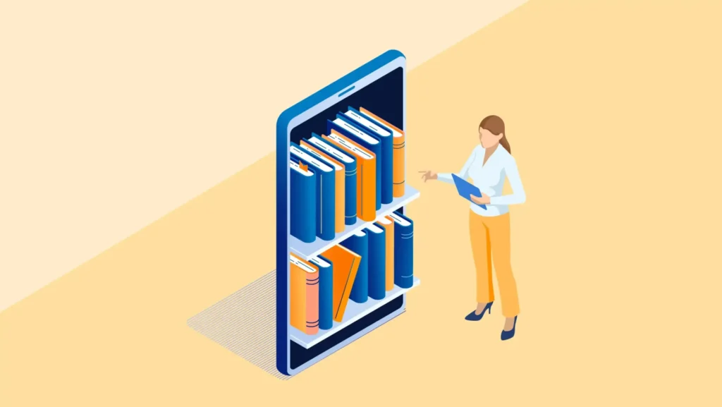 Illustration of a bookshelf inside a smartphone screen, representing digital legal knowledge management accessed on demand