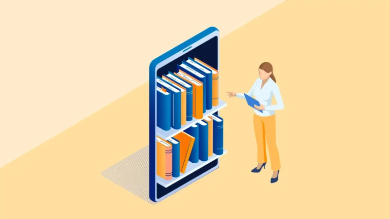 Illustration of a bookshelf inside a smartphone screen, representing digital legal knowledge management accessed on demand